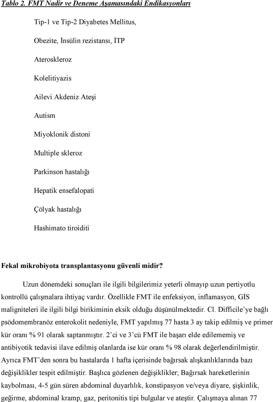 skleroz Parkinson hastalığı Hepatik ensefalopati Çölyak hastalığı Hashimato tiroiditi Fekal mikrobiyota transplantasyonu güvenli midir?