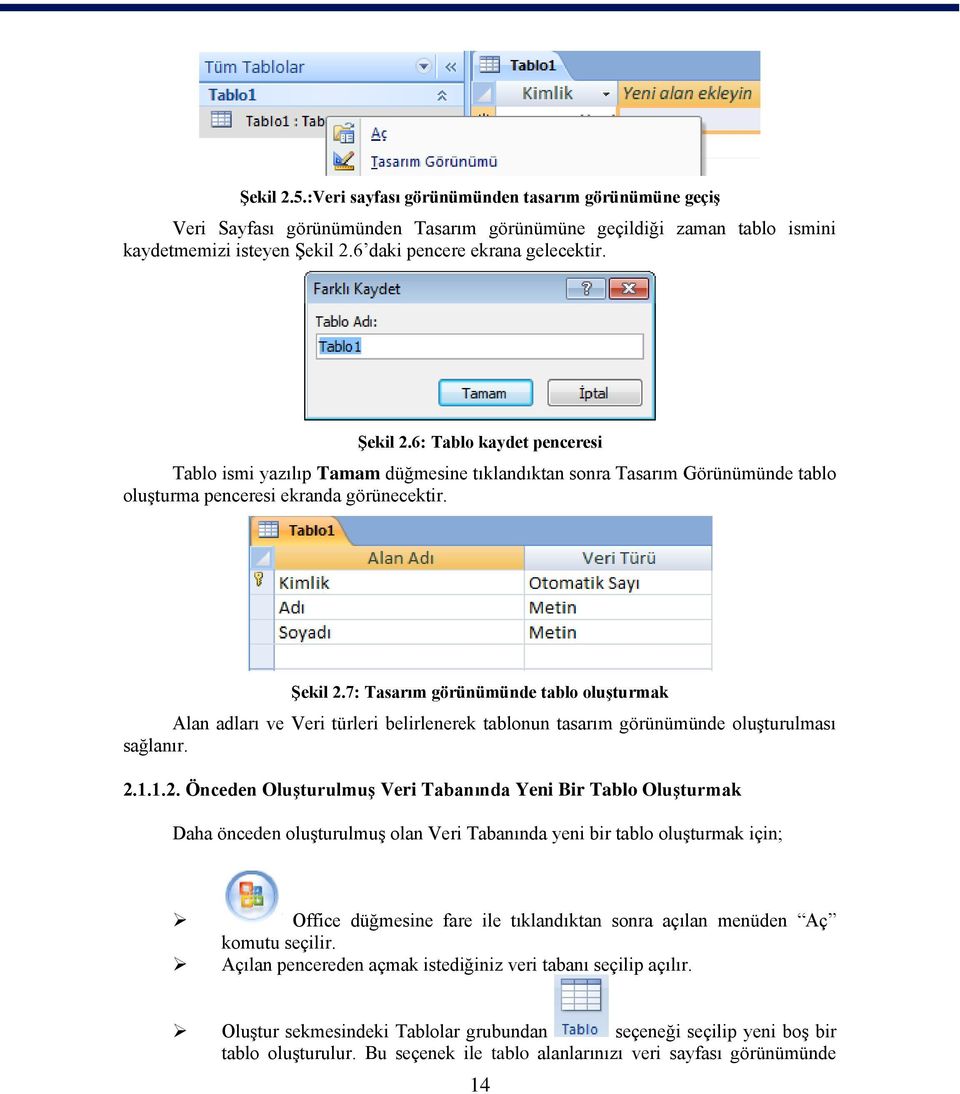 7: Tasarım görünümünde tablo oluşturmak Alan adları ve Veri türleri belirlenerek tablonun tasarım görünümünde oluşturulması sağlanır. 2.