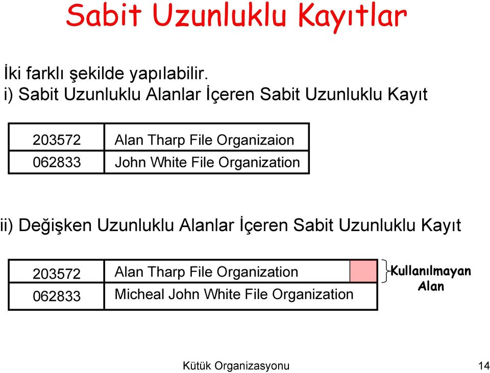 062833 John White File Organization ii) Değişken Uzunluklu Alanlar İçeren Sabit Uzunluklu