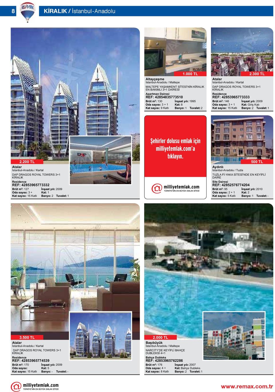 00 TL İstanbulAnadolu / Kartal DAP DRAGOS ROYAL TOWERS 3+ KİRALIK REF: 485396577333 7 3 + 009 Aydınlı İstanbulAnadolu / Tuzla TUZLA FİYAKA SİTESİ NDE EN KEYİFLİ DAİRE REF: