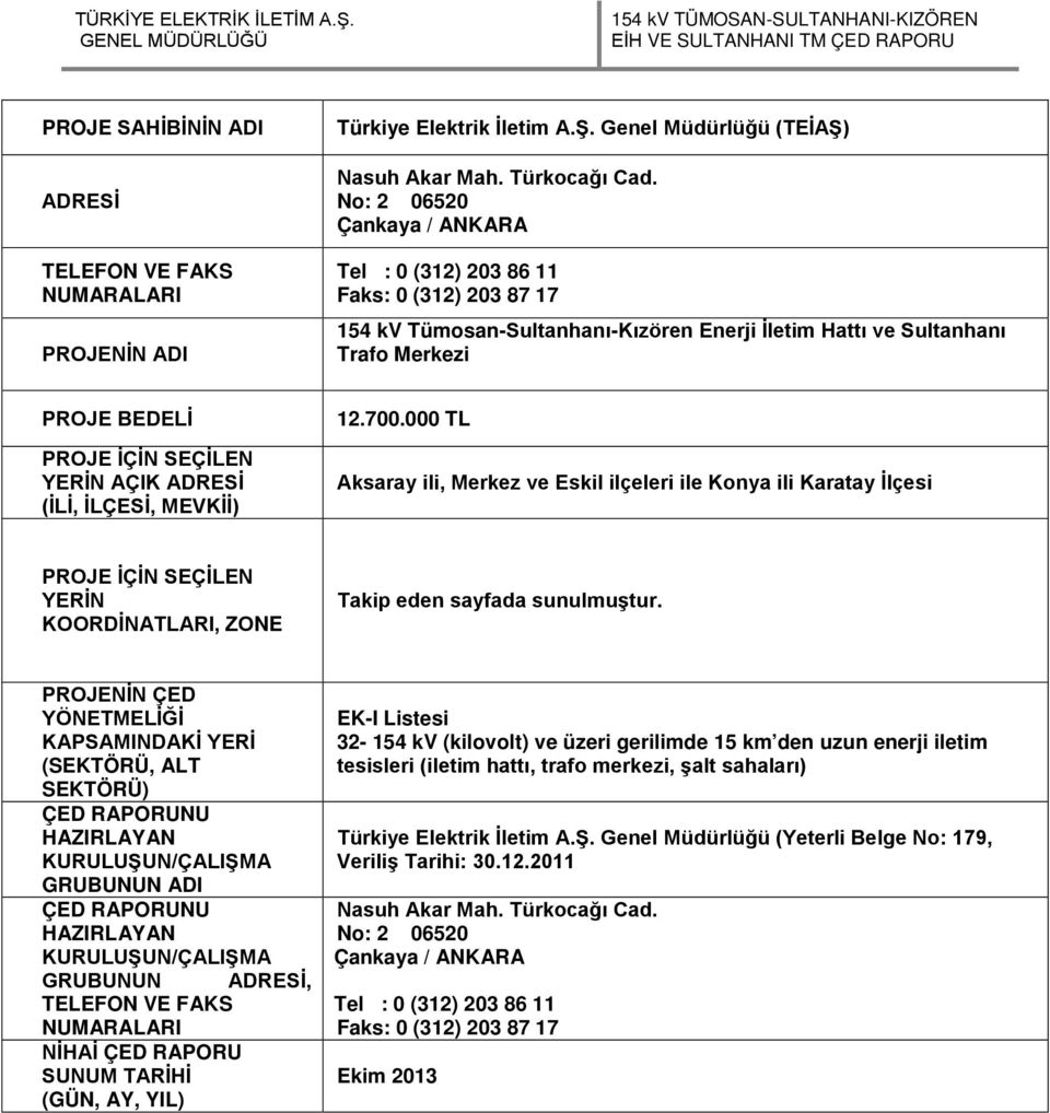 AÇIK ADRESİ (İLİ, İLÇESİ, MEVKİİ) 12.700.000 TL Aksaray ili, Merkez ve Eskil ilçeleri ile Konya ili Karatay İlçesi PROJE İÇİN SEÇİLEN YERİN KOORDİNATLARI, ZONE Takip eden sayfada sunulmuştur.