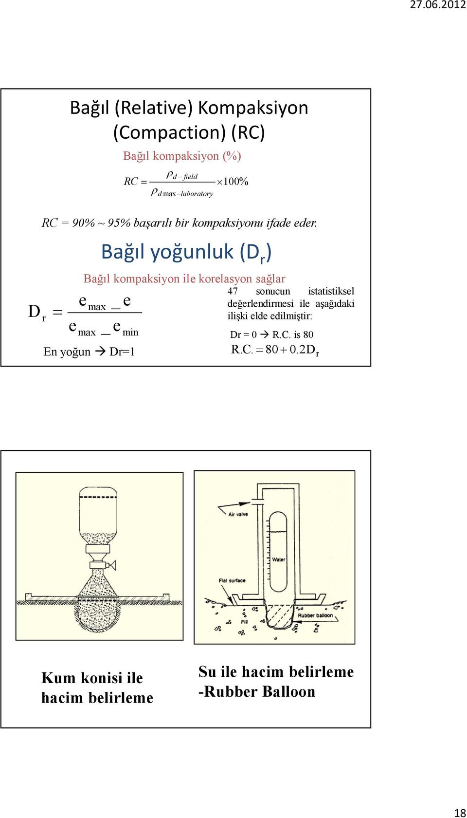 D = r e e Bağıl yoğunluk(d r ) Bağıl kompaksiyon ile korelasyon sağlar max max _ e _ e min En yoğun Dr=1 47