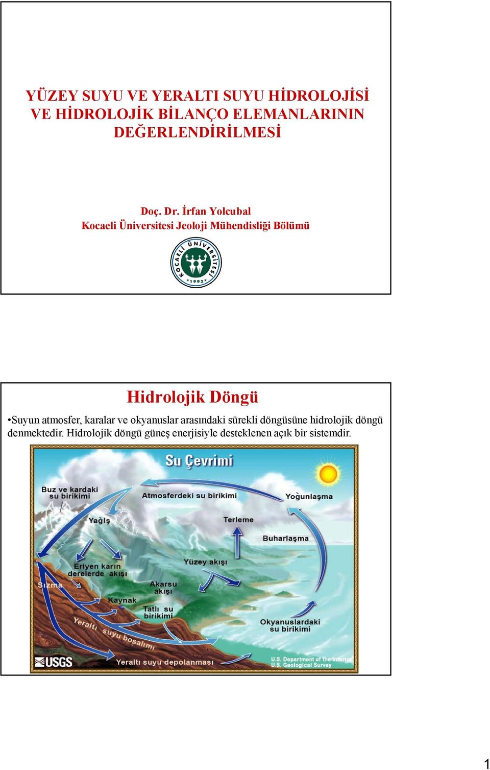 İrfan Yolcubal Kocaeli Üniversitesi Jeoloji Mühendisliği Bölümü Hidrolojik Döngü Suyun