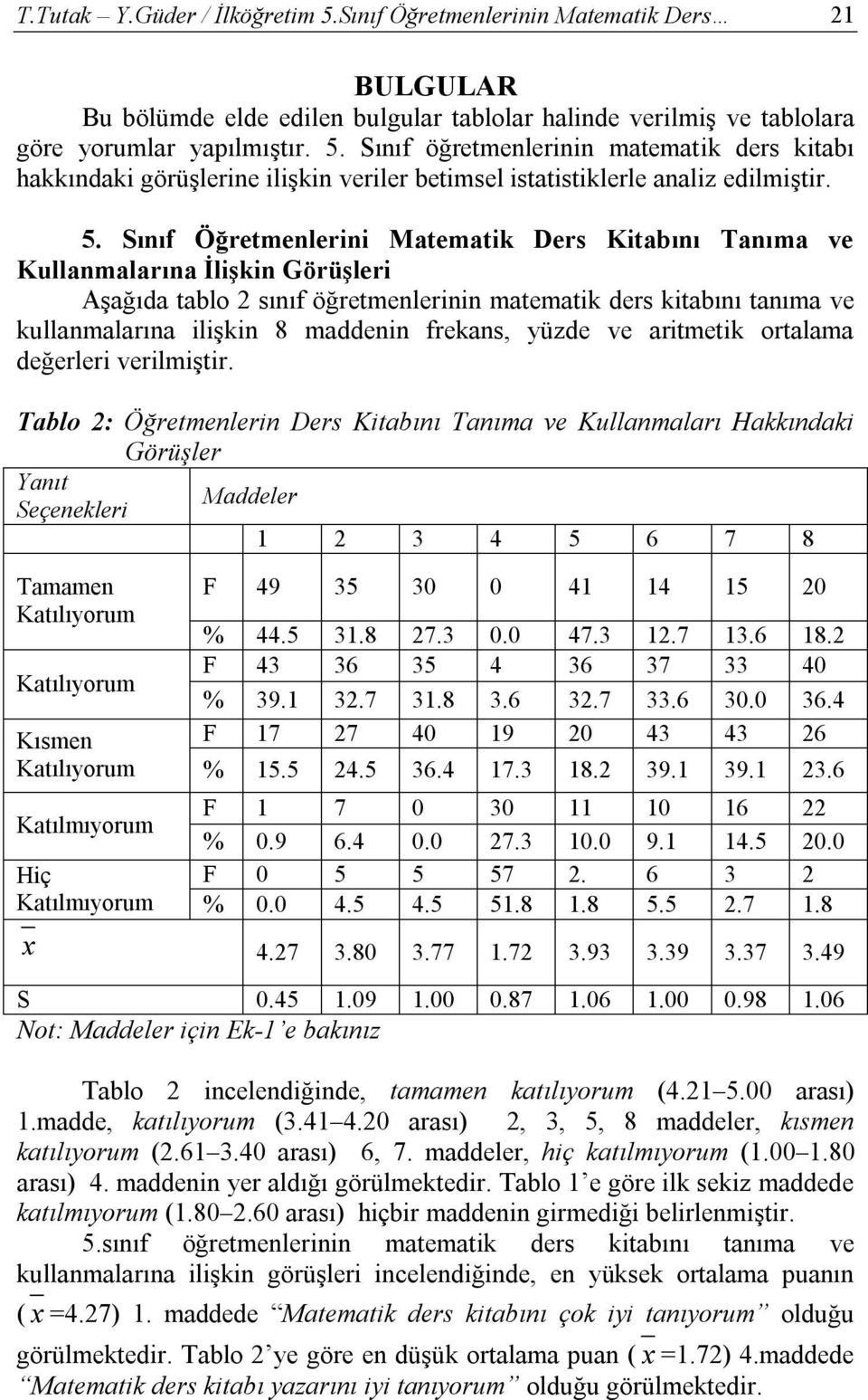 frekans, yüzde ve aritmetik ortalama değerleri verilmiştir.