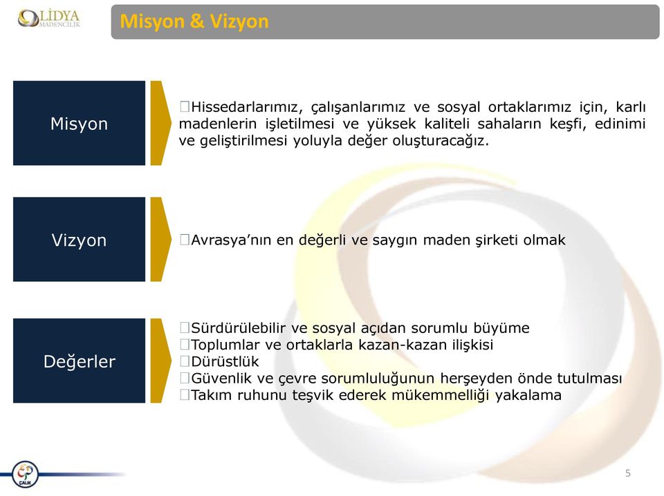 Vizyon Avrasya nın en değerli ve saygın maden şirketi olmak Değerler Sürdürülebilir ve sosyal açıdan sorumlu büyüme