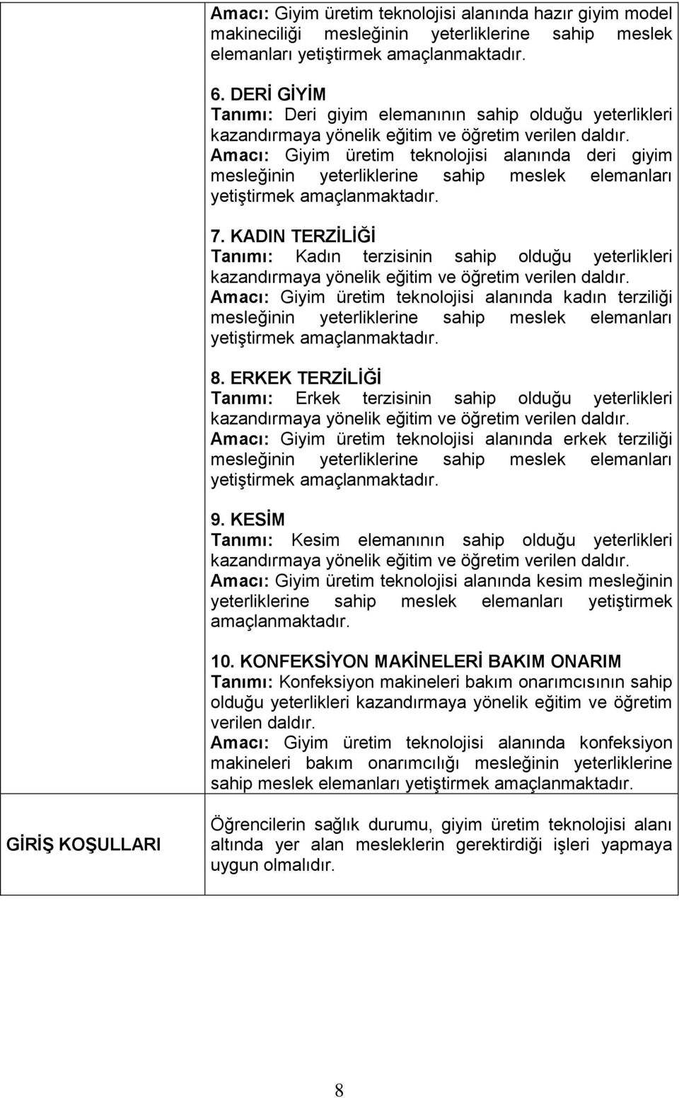 Amacı: Giyim üretim teknolojisi alanında deri giyim mesleğinin yeterliklerine sahip meslek elemanları yetiştirmek amaçlanmaktadır. 7.