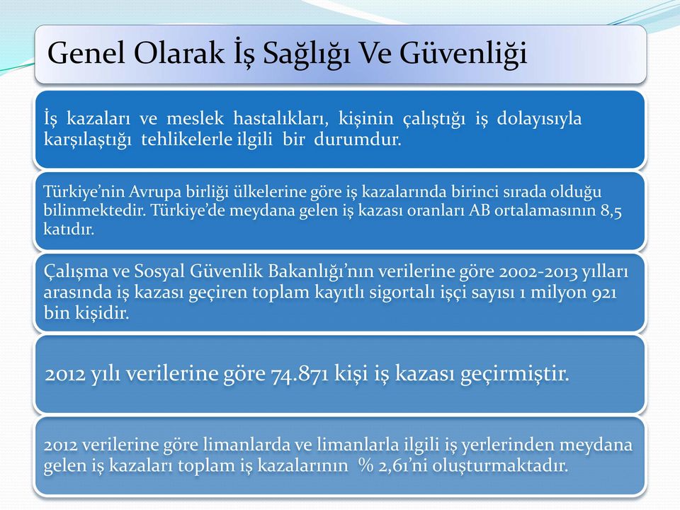 Çalışma ve Sosyal Güvenlik Bakanlığı nın verilerine göre 2002-2013 yılları arasında iş kazası geçiren toplam kayıtlı sigortalı işçi sayısı 1 milyon 921 bin kişidir.