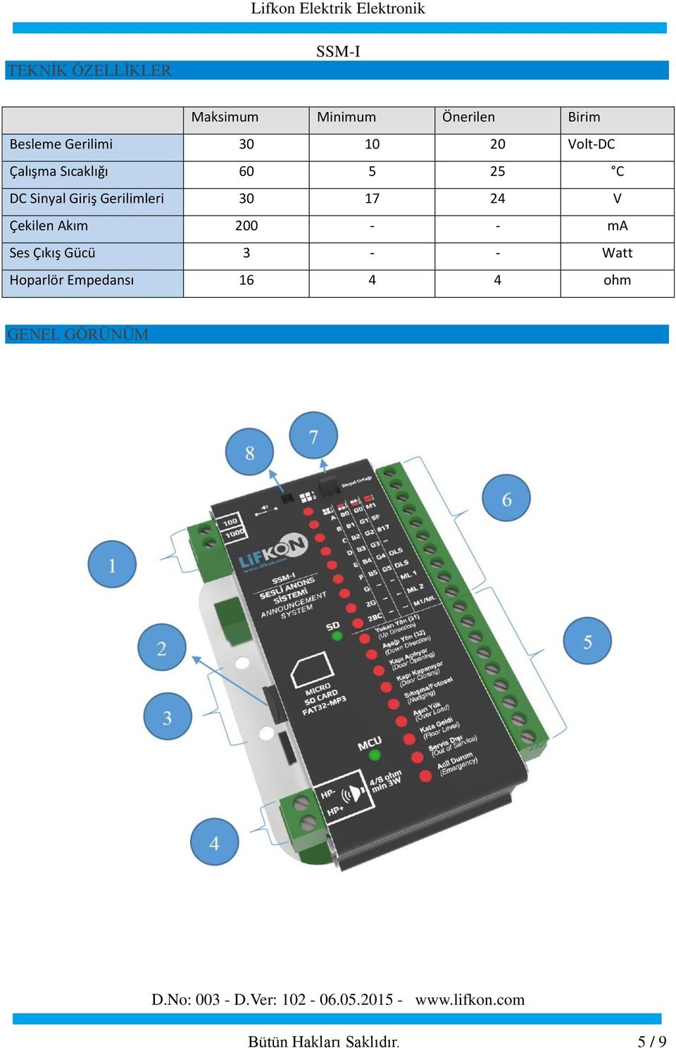 Gerilimleri 30 17 24 V Çekilen Akım 200 - - ma Ses Çıkış Gücü 3 - -