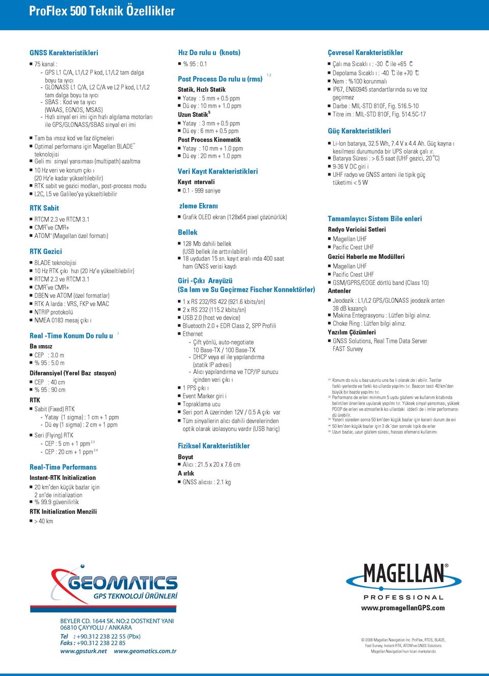 teknolojisi Geli mi sinyal yansıması (multipath) azaltma 10 Hz veri ve konum çıkı ı (20 Hz e kadar yükseltilebilir) RTK sabit ve gezici modları, post-process modu L2C, L5 ve Galileo ya