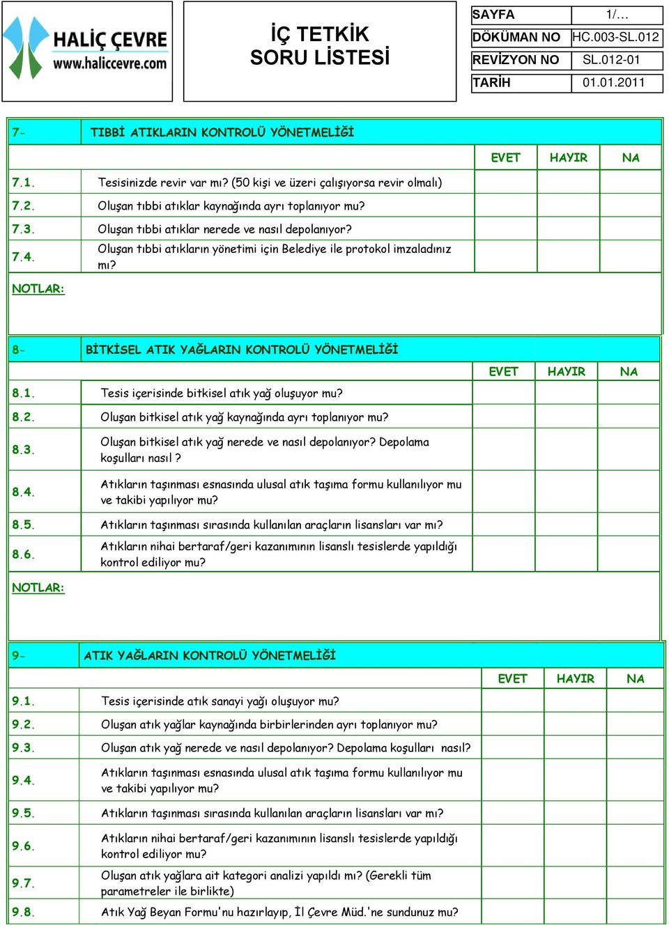 Tesis içerisinde bitkisel atık yağ oluşuyor mu? 8.2. Oluşan bitkisel atık yağ kaynağında ayrı toplanıyor mu? 8.3. 8.4. Oluşan bitkisel atık yağ nerede ve nasıl depolanıyor? Depolama koşulları nasıl?