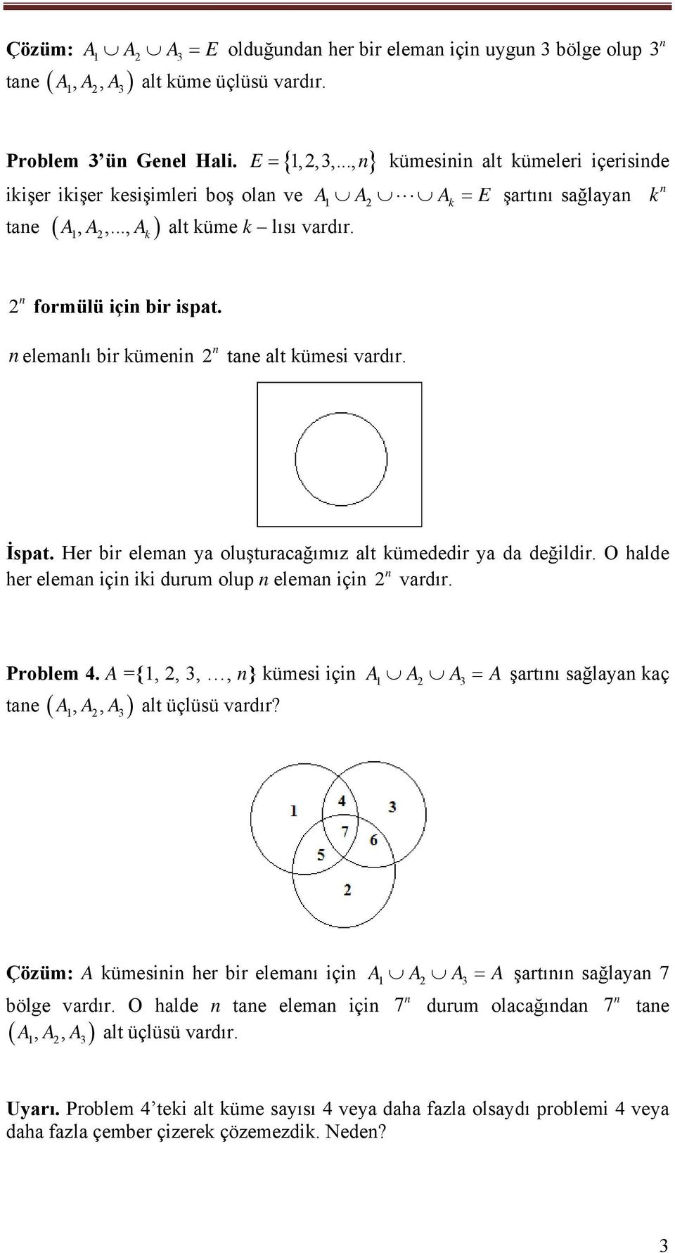 İspat. Her bir elema ya oluşturacağımız alt kümededir ya da değildir. O halde her elema içi iki durum olup elema içi vardır. Problem 4.