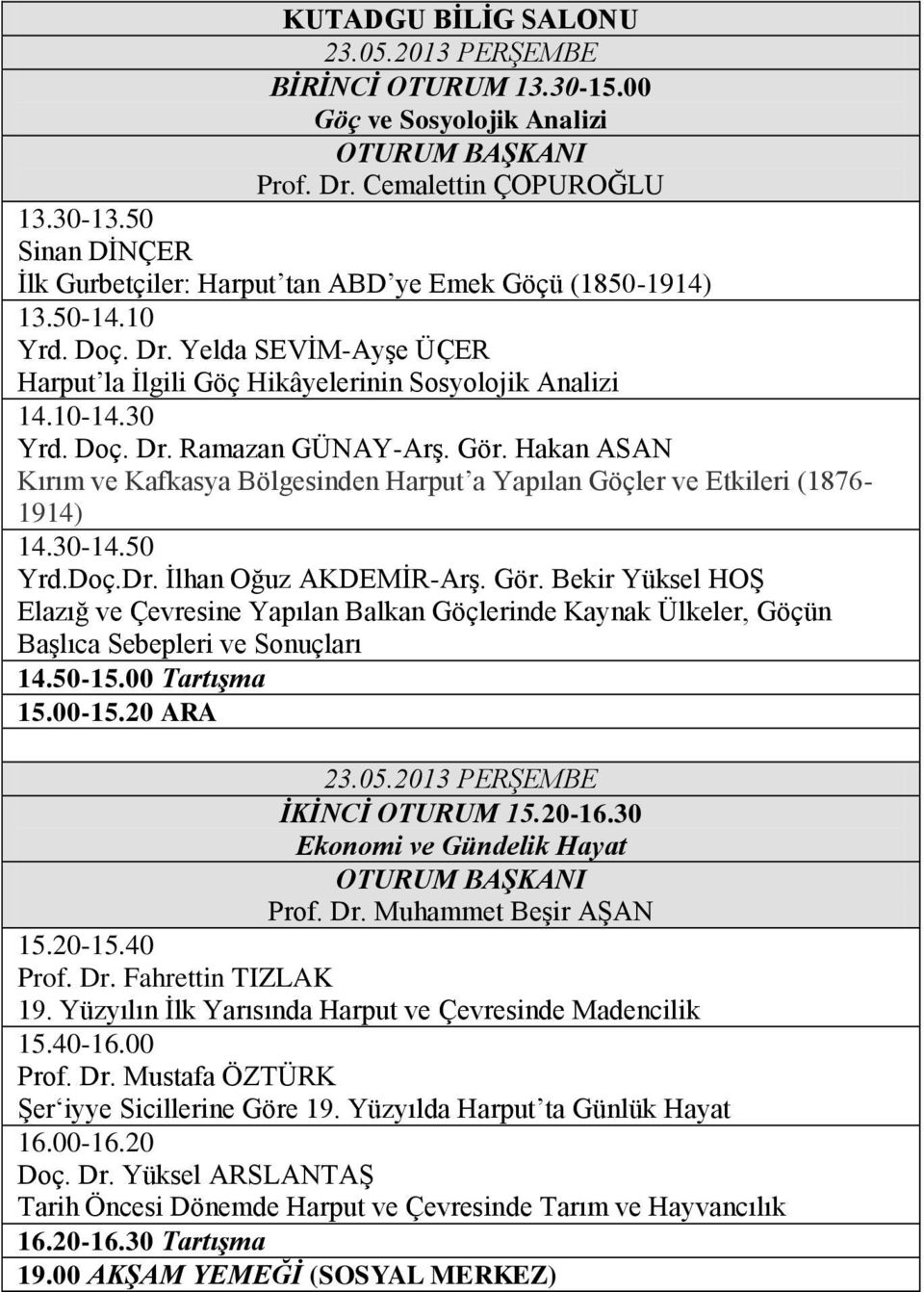 Hakan ASAN Kırım ve Kafkasya Bölgesinden Harput a Yapılan Göçler ve Etkileri (1876-1914) 14.30-14.50 Yrd.Doç.Dr. İlhan Oğuz AKDEMİR-Arş. Gör.