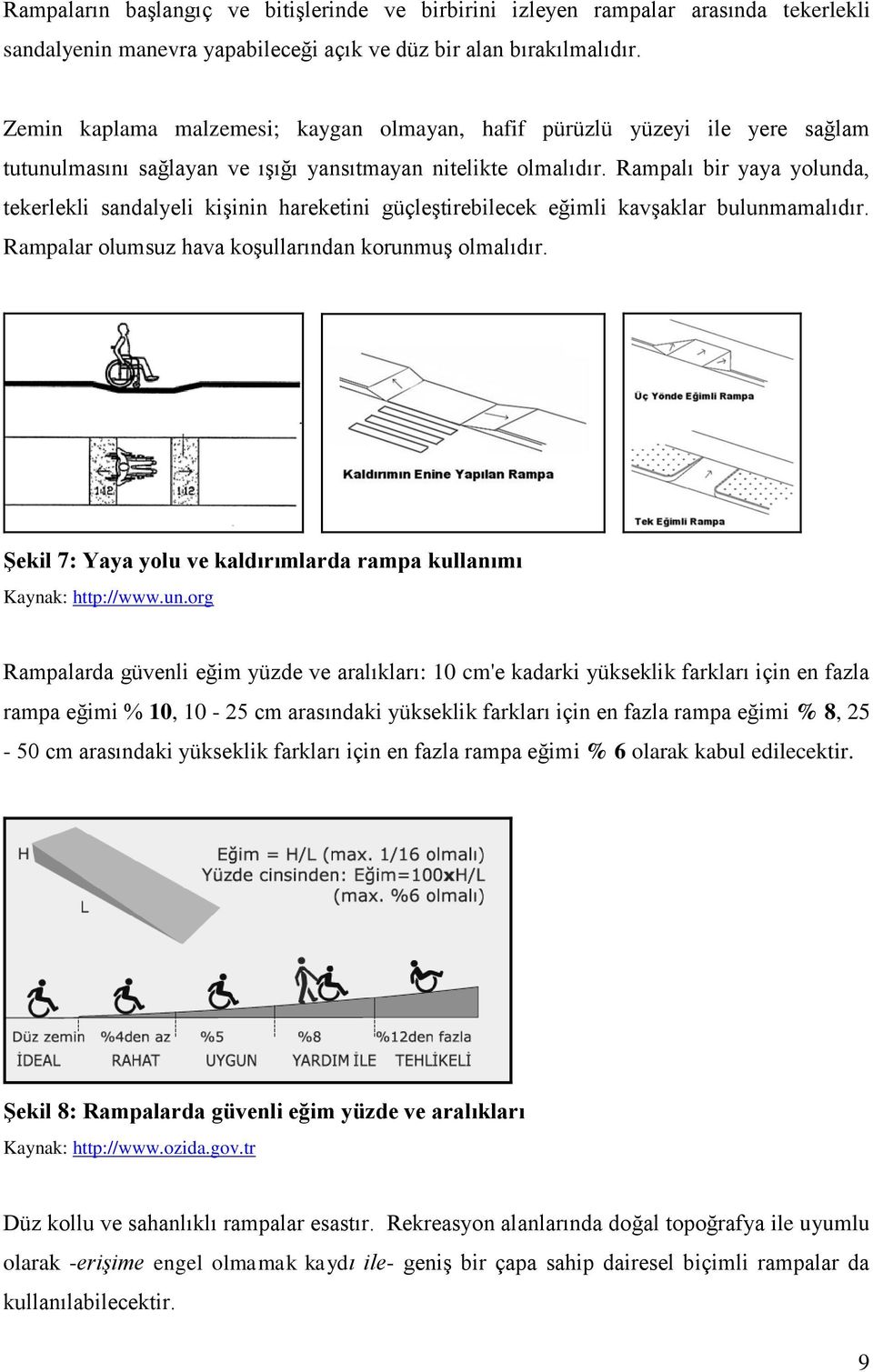 Rampalı bir yaya yolunda, tekerlekli sandalyeli kişinin hareketini güçleştirebilecek eğimli kavşaklar bulunmamalıdır. Rampalar olumsuz hava koşullarından korunmuş olmalıdır.