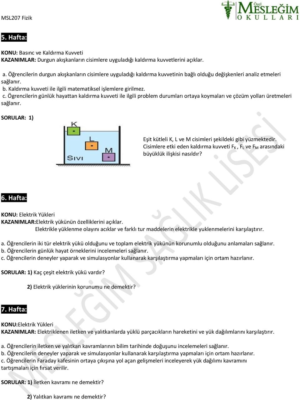 Ögrencilerin günlük hayattan kaldırma kuvveti ile ilgili problem durumları ortaya koymaları ve çözüm yolları üretmeleri SORULAR: 1) Eşit kütleli K, L ve M cisimleri şekildeki gibi yüzmektedir.