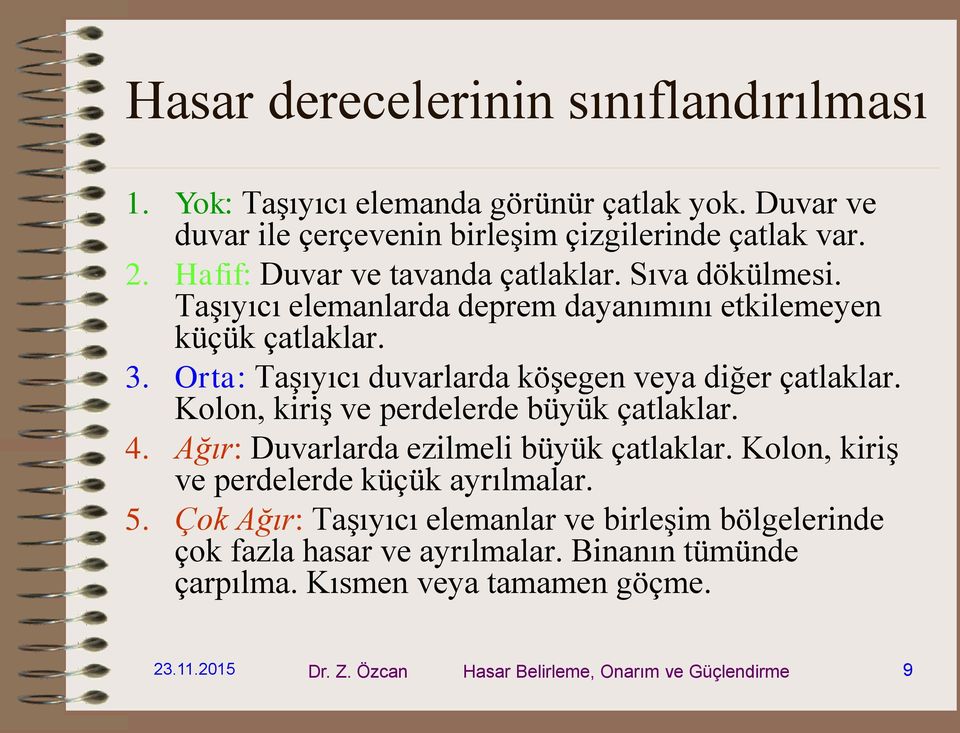 Orta: Taşıyıcı duvarlarda köşegen veya diğer çatlaklar. Kolon, kiriş ve perdelerde büyük çatlaklar. 4. Ağır: Duvarlarda ezilmeli büyük çatlaklar.