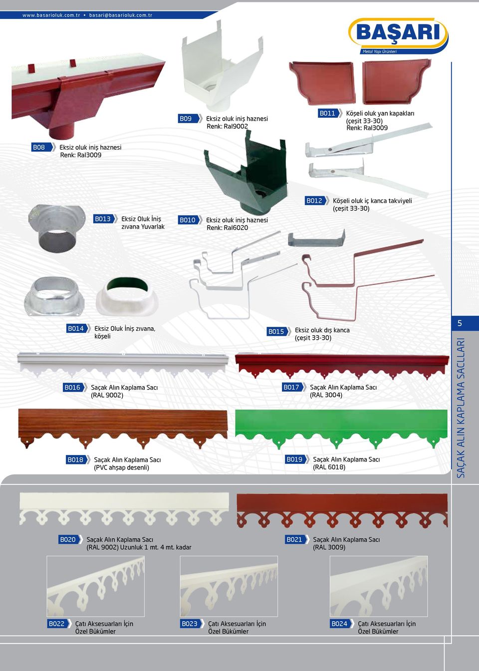 ahşap desenli) B015 B017 Eksiz oluk dış kanca (çeşit 33-30) B019 Saçak Alın Kaplama Sacı (RAL 3004) Saçak Alın Kaplama Sacı (RAL 6018) 5 SAÇAK ALIN KAPLAMA SACLLARI B020 Saçak Alın Kaplama Sacı
