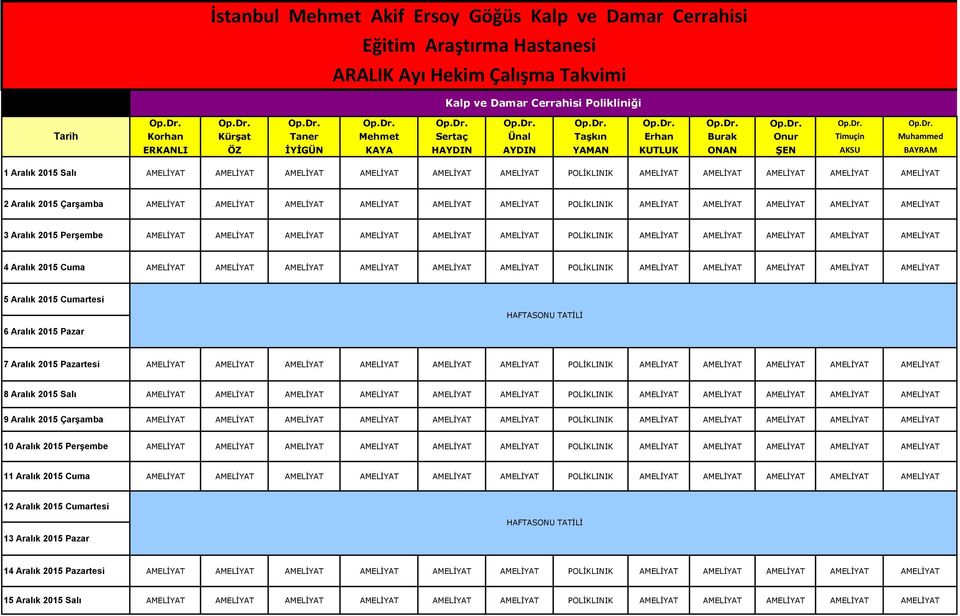 Korhan Kürşat Taner Mehmet Sertaç Ünal Taşkın Erhan Burak Onur Timuçin Muhammed ERKANLI ÖZ İYİGÜN KAYA HAYDIN AYDIN YAMAN KUTLUK ONAN ŞEN AKSU BAYRAM 1 Aralık 2015 Salı AMELİYAT AMELİYAT AMELİYAT