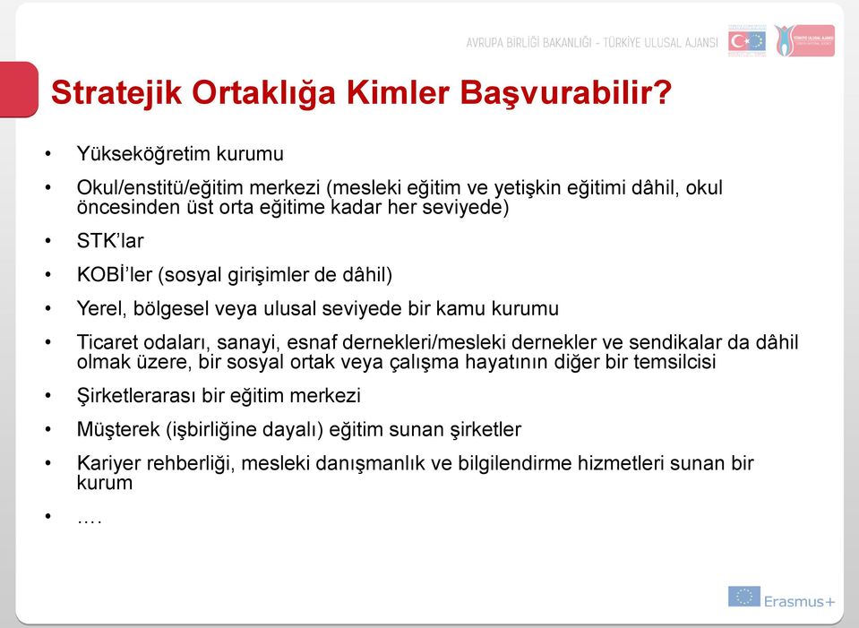 KOBİ ler (sosyal girişimler de dâhil) Yerel, bölgesel veya ulusal seviyede bir kamu kurumu Ticaret odaları, sanayi, esnaf dernekleri/mesleki dernekler ve