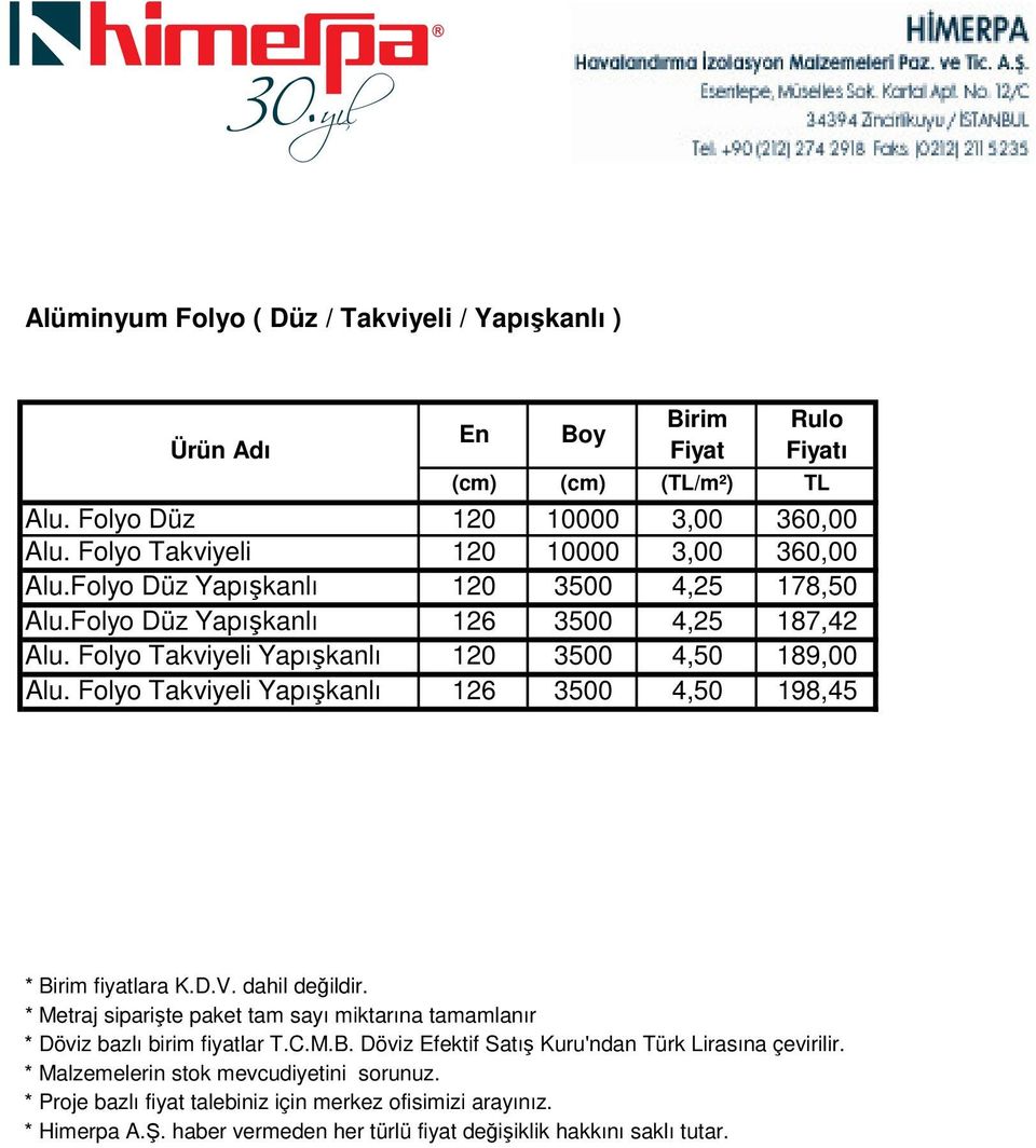 Folyo Düz Yapışkanlı 120 3500 4,25 178,50 Alu.Folyo Düz Yapışkanlı 126 3500 4,25 187,42 Alu.