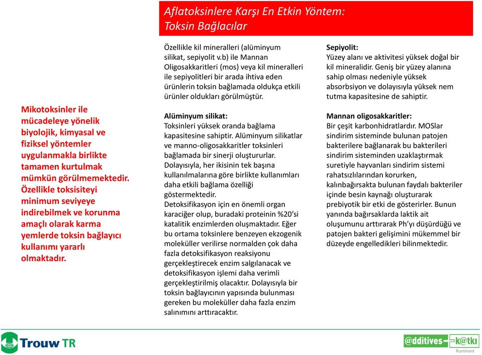 b) ile Mannan Oligosakkaritleri (mos) veya kil mineralleri ile sepiyolitleri bir arada ihtiva eden ürünlerin toksin bağlamada oldukça etkili ürünler oldukları görülmüştür.