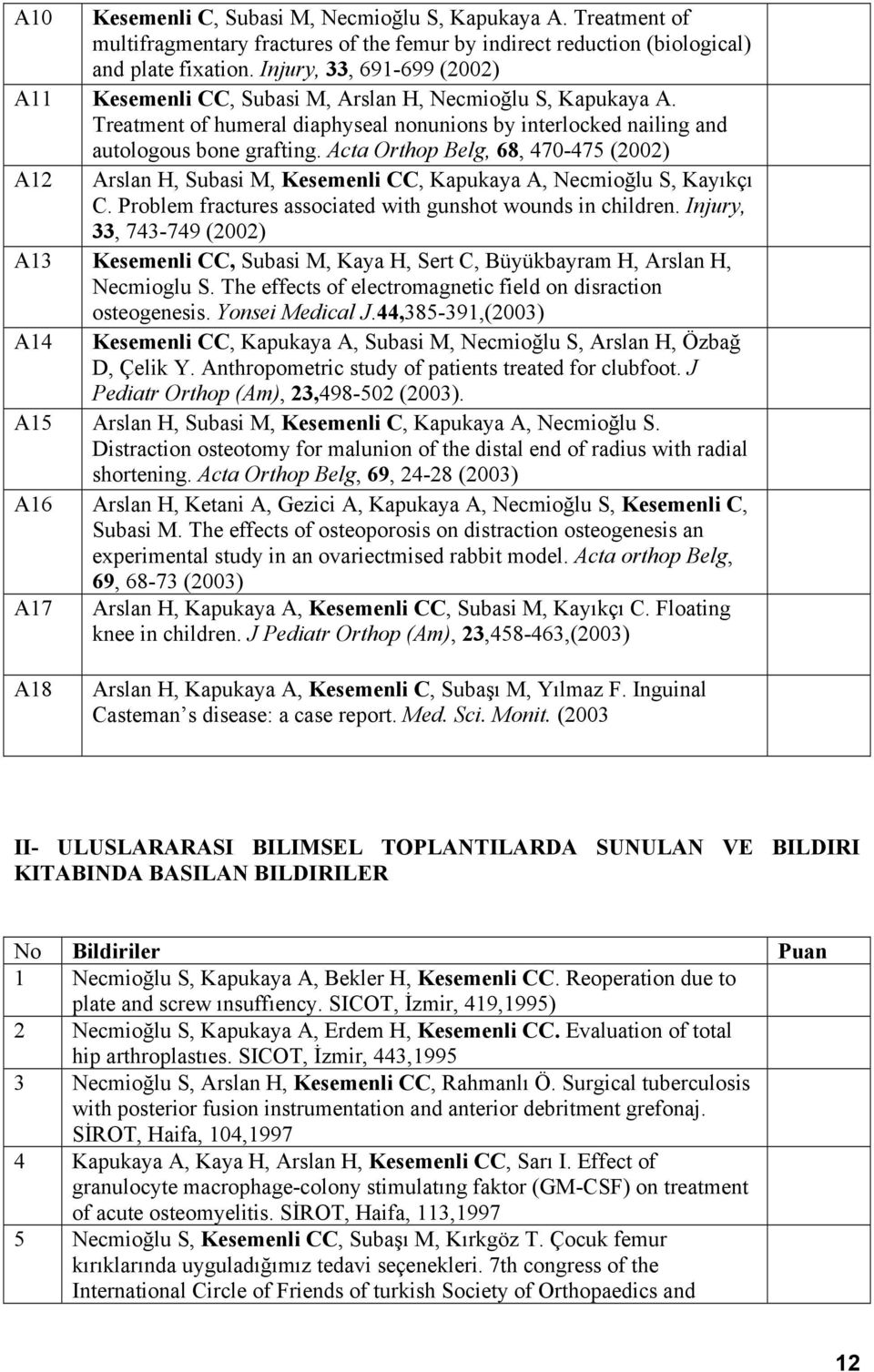 Acta Orthop Belg, 68, 470-475 (2002) A12 Arslan H, Subasi M, Kesemenli CC, Kapukaya A, Necmioğlu S, Kayıkçı C. Problem fractures associated with gunshot wounds in children.