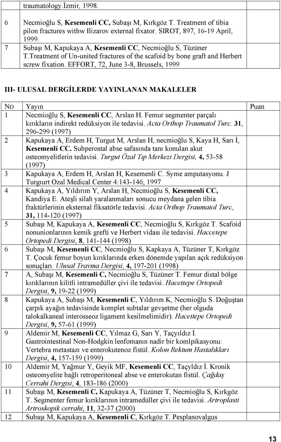 EFFORT, 72, June 3-8, Brussels, 1999 III- ULUSAL DERGİLERDE YAYINLANAN MAKALELER NO Yayın 1 Necmioğlu S, Kesemenli CC, Arslan H. Femur segmenter parçalı kırıkların indirekt redüksiyon ile tedavisi.