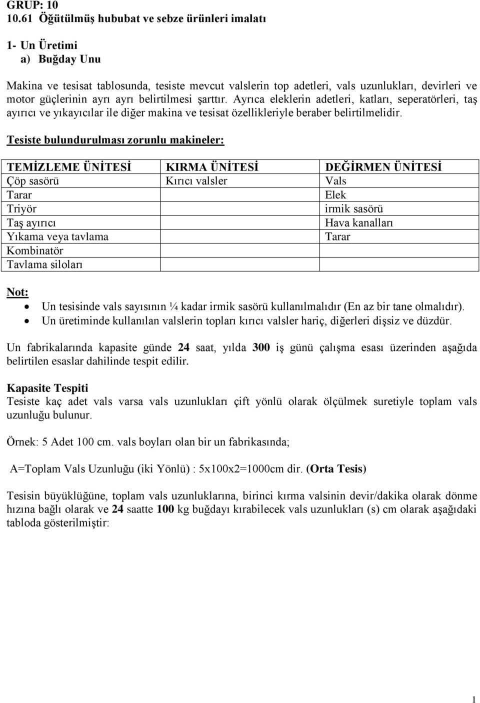 ayrı belirtilmesi şarttır. Ayrıca eleklerin adetleri, katları, seperatörleri, taş ayırıcı ve yıkayıcılar ile diğer makina ve tesisat özellikleriyle beraber belirtilmelidir.