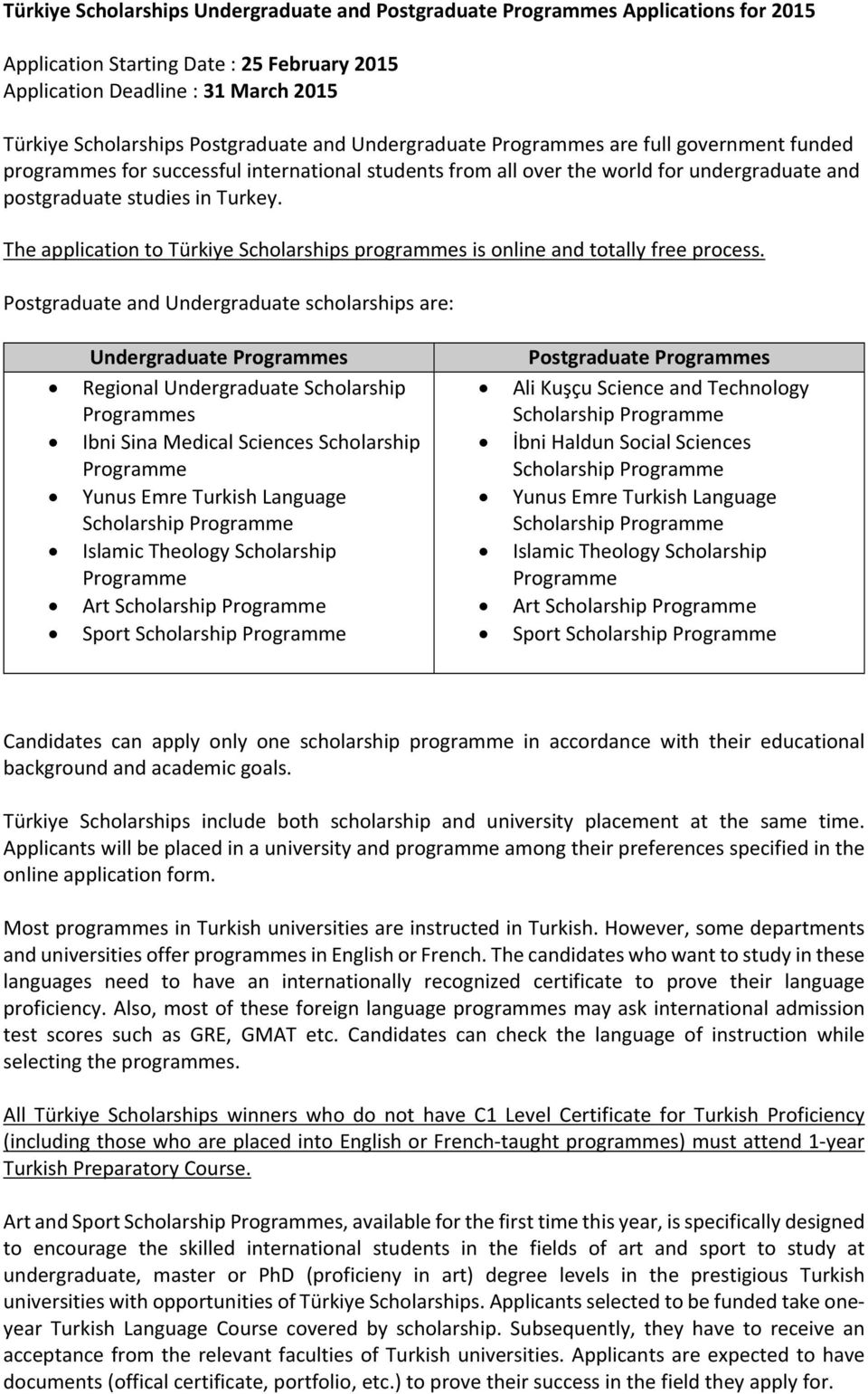 The application to Türkiye Scholarships programmes is online and totally free process.