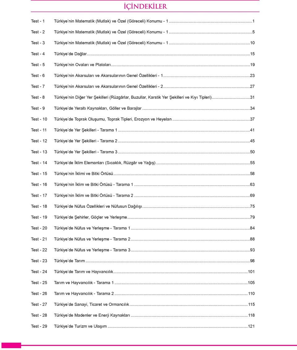 ..19 Test - 6 Türkiye nin Akarsuları ve Akarsularının Genel Özellikleri - 1...23 Test - 7 Türkiye nin Akarsuları ve Akarsularının Genel Özellikleri - 2.
