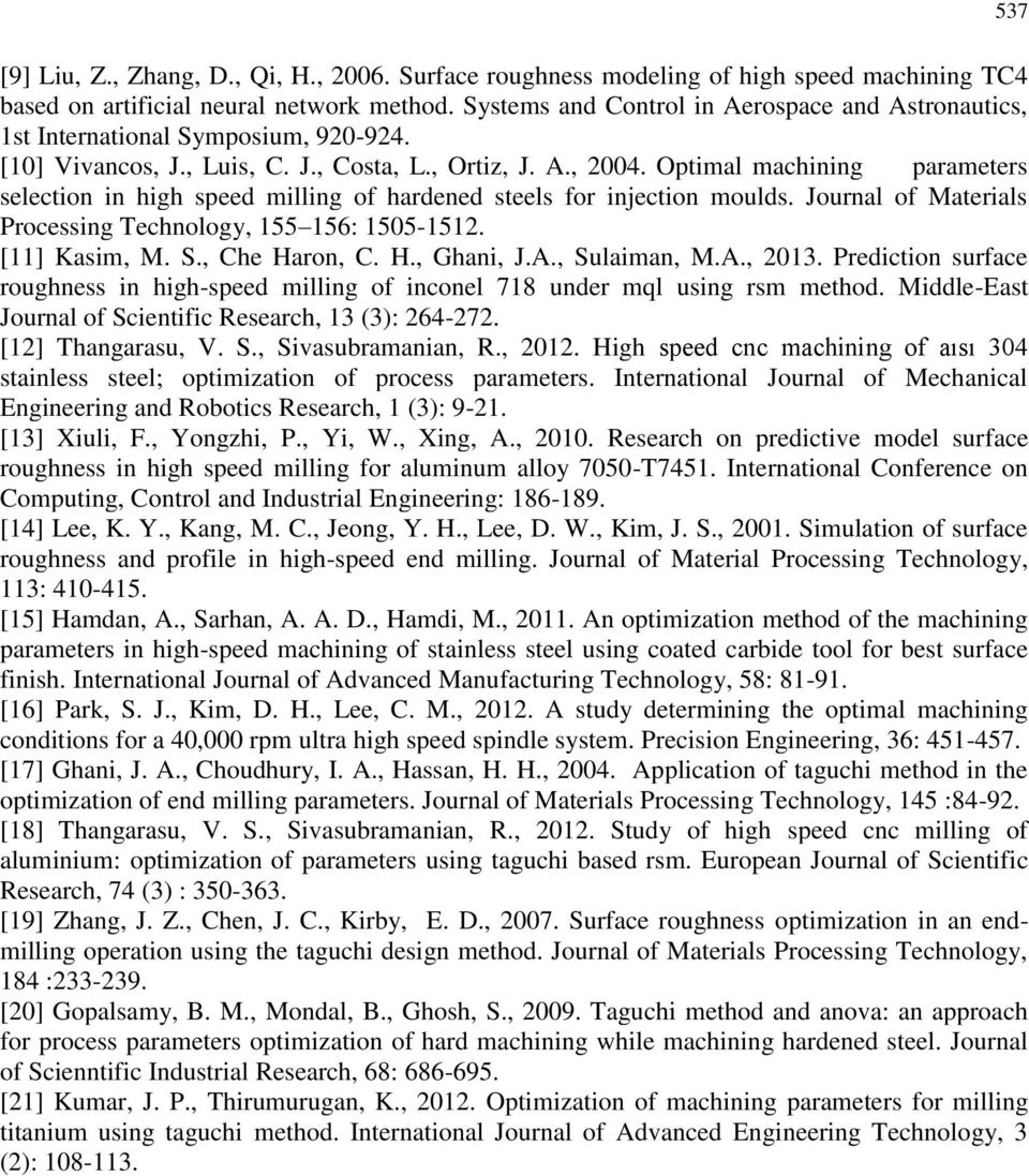 Optimal machining parameters selection in high speed milling of hardened steels for injection moulds. Journal of Materials Processing Technology, 155 156: 1505-1512. [11] Kasim, M. S., Che Haron, C.