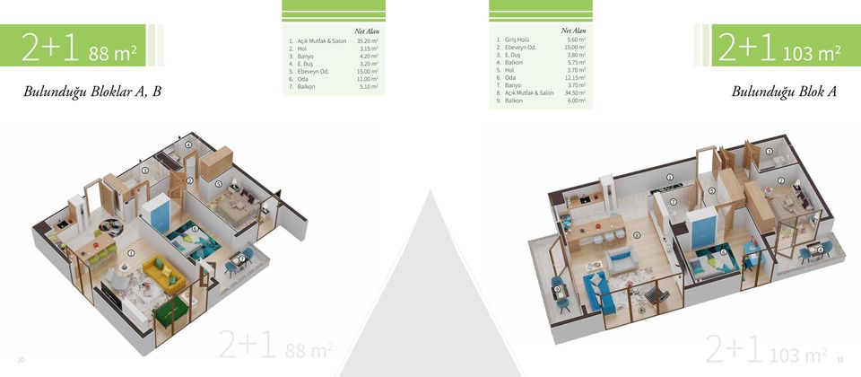 Balkon 5. Hol 6. Oda 7. Banyo 8. Açık Mutfak & Salon 9. Balkon Net Alan 5.60 m 2 15.00 m 2 3.80 m 2 5.75 m 2 3.