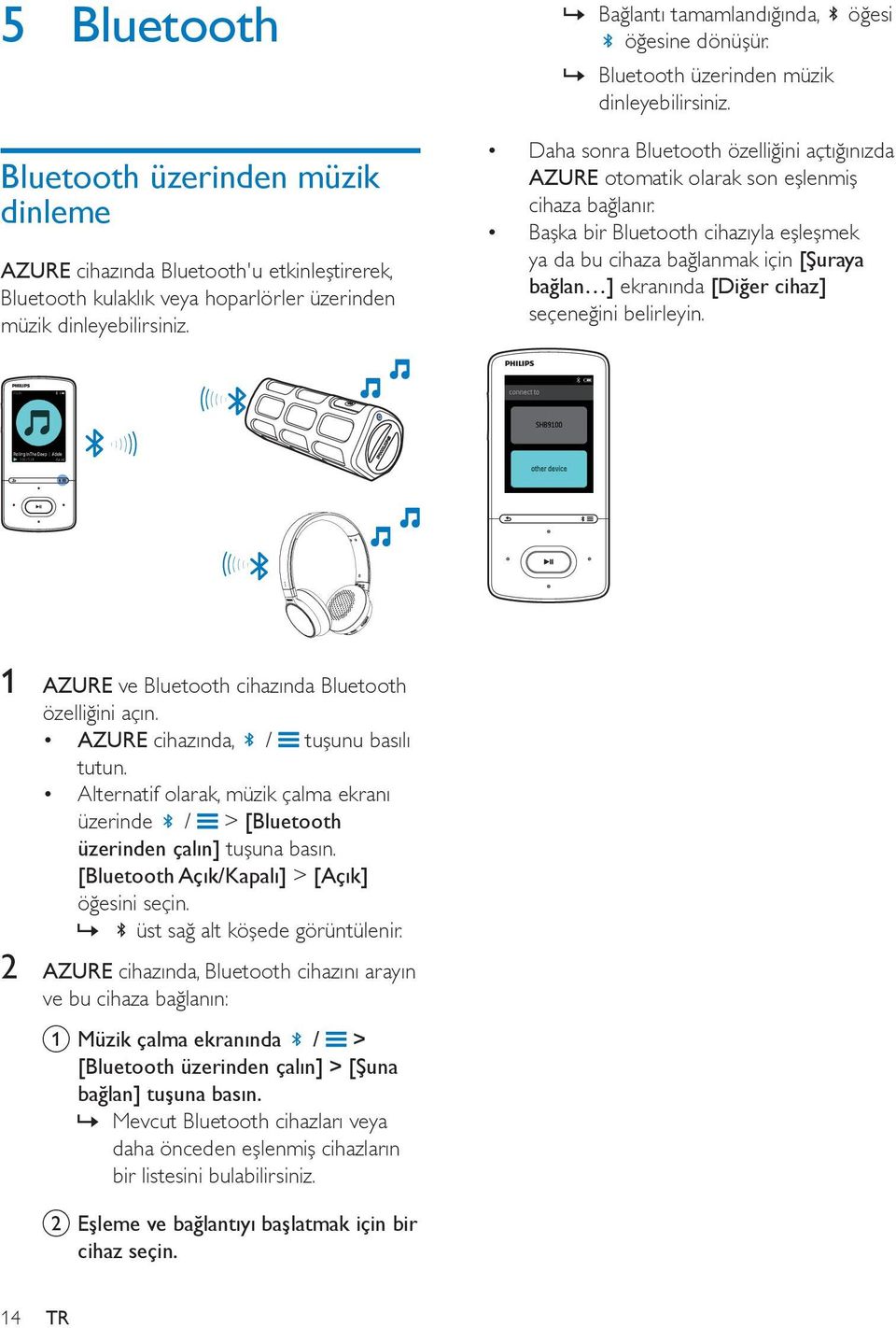 Başka bir Bluetooth cihazıyla eşleşmek ya da bu cihaza bağlanmak için [Şuraya bağlan ] ekranında [Diğer cihaz] seçeneğini belirleyin. 1 AZURE ve Bluetooth cihazında Bluetooth özelliğini açın.