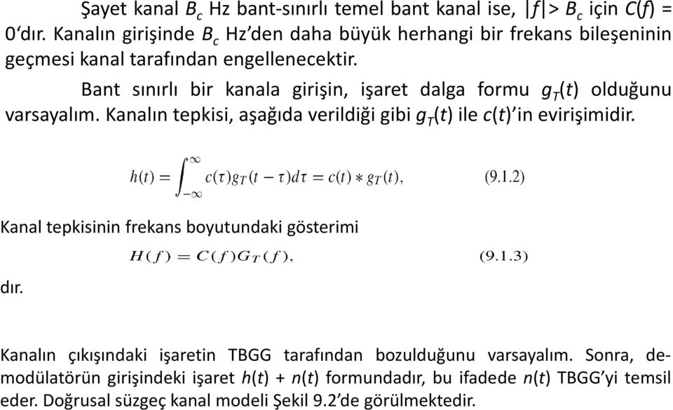 Bant sınırlı bir kanala girişin, işaret dalga formu g T (t) olduğunu varsayalım. Kanalın tepkisi, aşağıda verildiği gibi g T (t) ile c(t) in evirişimidir.