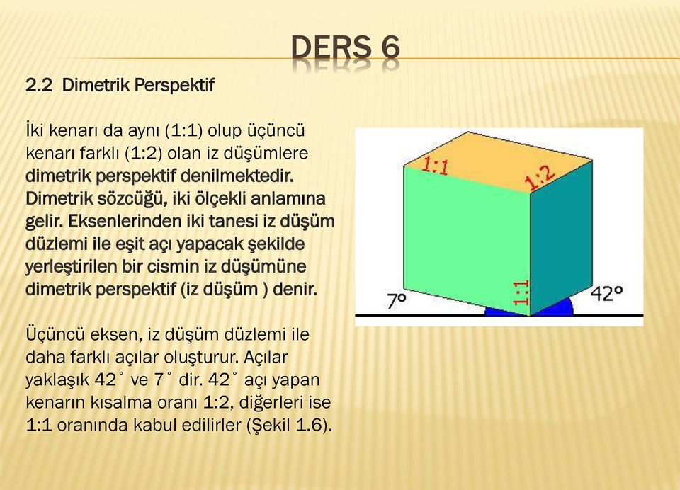 Eksenlerinden iki tanesi iz düşüm düzlemi ile eşit açı yapacak şekilde yerleştirilen bir cismin iz düşümüne dimetrik perspektif