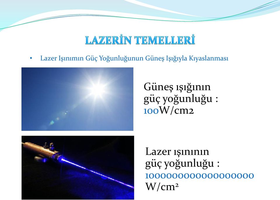 güç yoğunluğu : 100W/cm2 Lazer ışınının