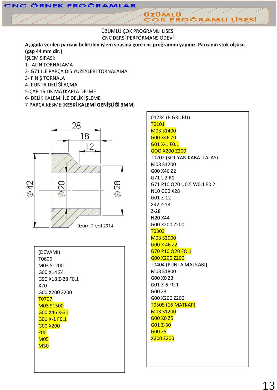 KALEMİ GENİŞLİĞİ 3MM) (DEVAMI) T0606 M03 S1200 G00 X14 Z4 G90 X18 Z-28 F0.1 X20 G00 X200 Z200 T0707 M03 S1500 G00 X46 X-31 G01 X-1 F0.