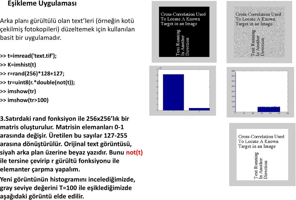 Matrisin elemanları 0-1 arasında değişir. Üretilen bu sayılar 127-255 arasına dönüştürülür. Orijinal text görüntüsü, siyah arka plan üzerine beyaz yazıdır.