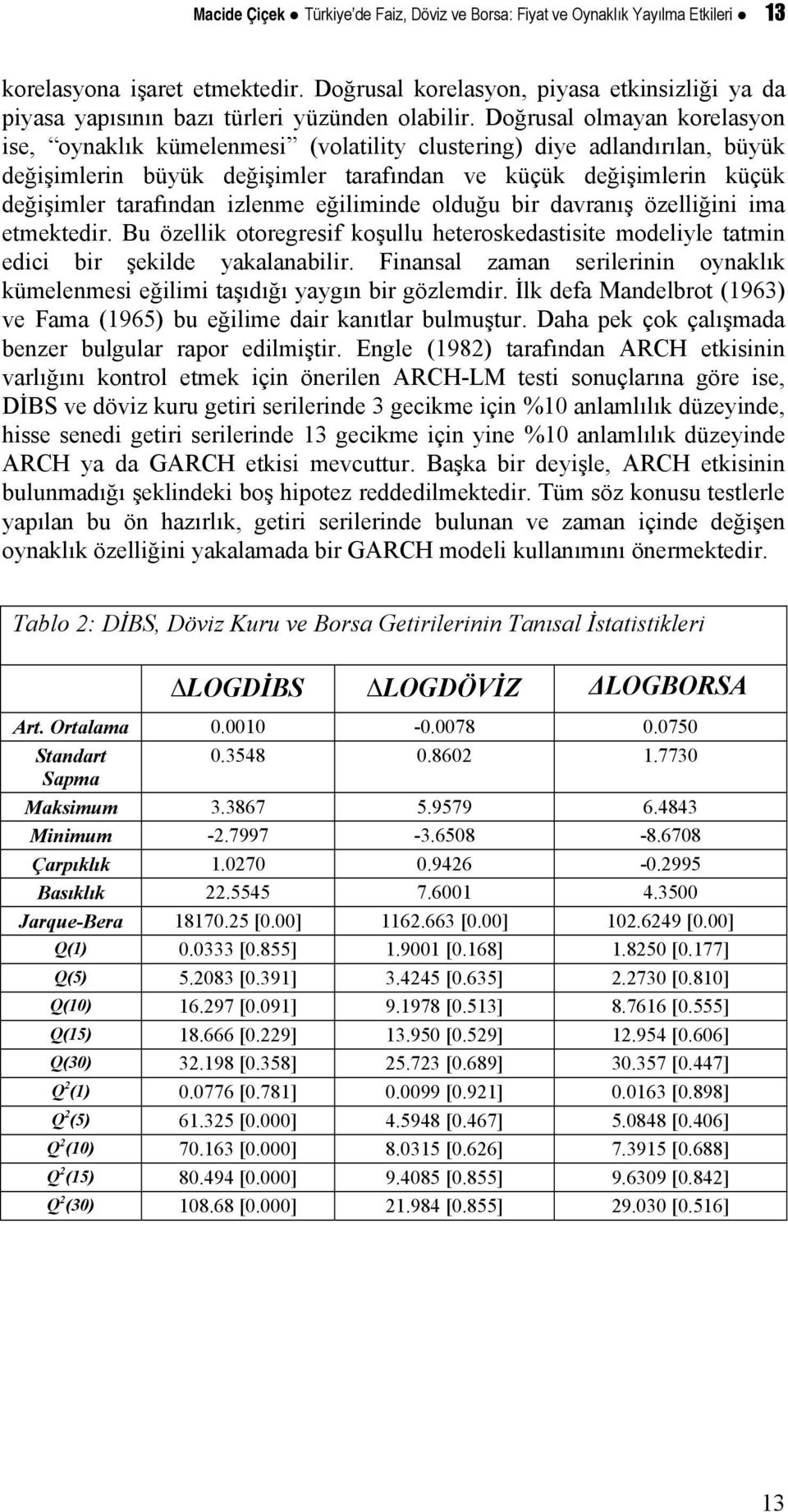 Doğrusal olmayan korelasyon ise, oynaklık kümelenmesi (volailiy clusering) diye adlandırılan, büyük değişimlerin büyük değişimler arafından ve küçük değişimlerin küçük değişimler arafından izlenme