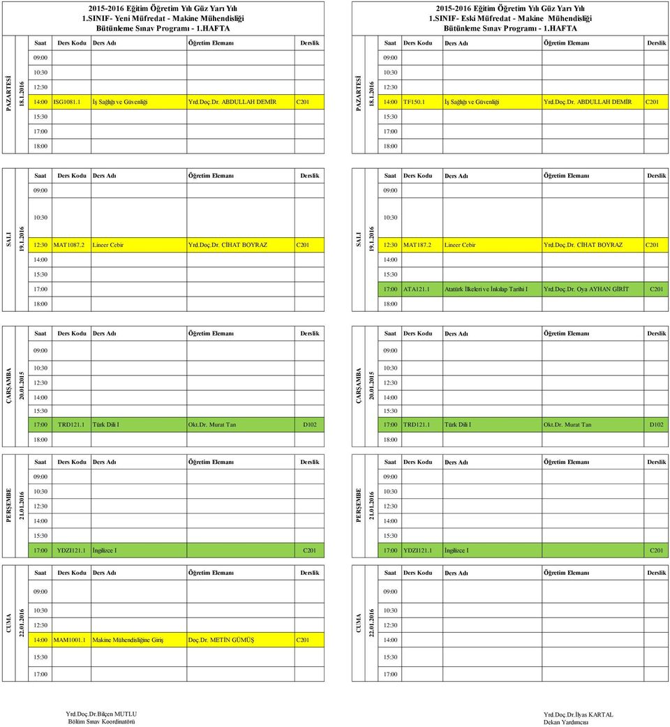 2 Lineer Cebir Yrd.Doç.Dr. CİHAT BOYRAZ C201 ATA121.1 Atatürk İlkeleri ve İnkılap Tarihi I Yrd.Doç.Dr. Oya AYHAN GİRİT C201 17:00 TRD121.1 Türk Dili I Okt.Dr. Murat Tan D102 17:00 TRD121.