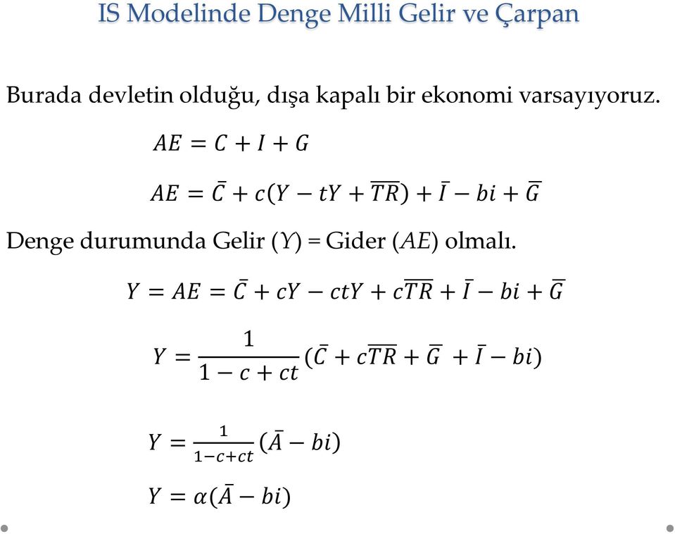 AE = C + I + G AE = C + c Y ty + TR + I bi + G Denge durumunda Gelir (Y) =