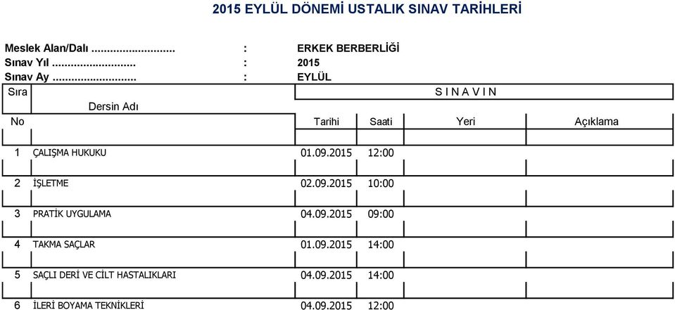 09.2015 14:00 5 SAÇLI DERİ VE CİLT HASTALIKLARI 04.09.2015 14:00 6 İLERİ BOYAMA TEKNİKLERİ 04.