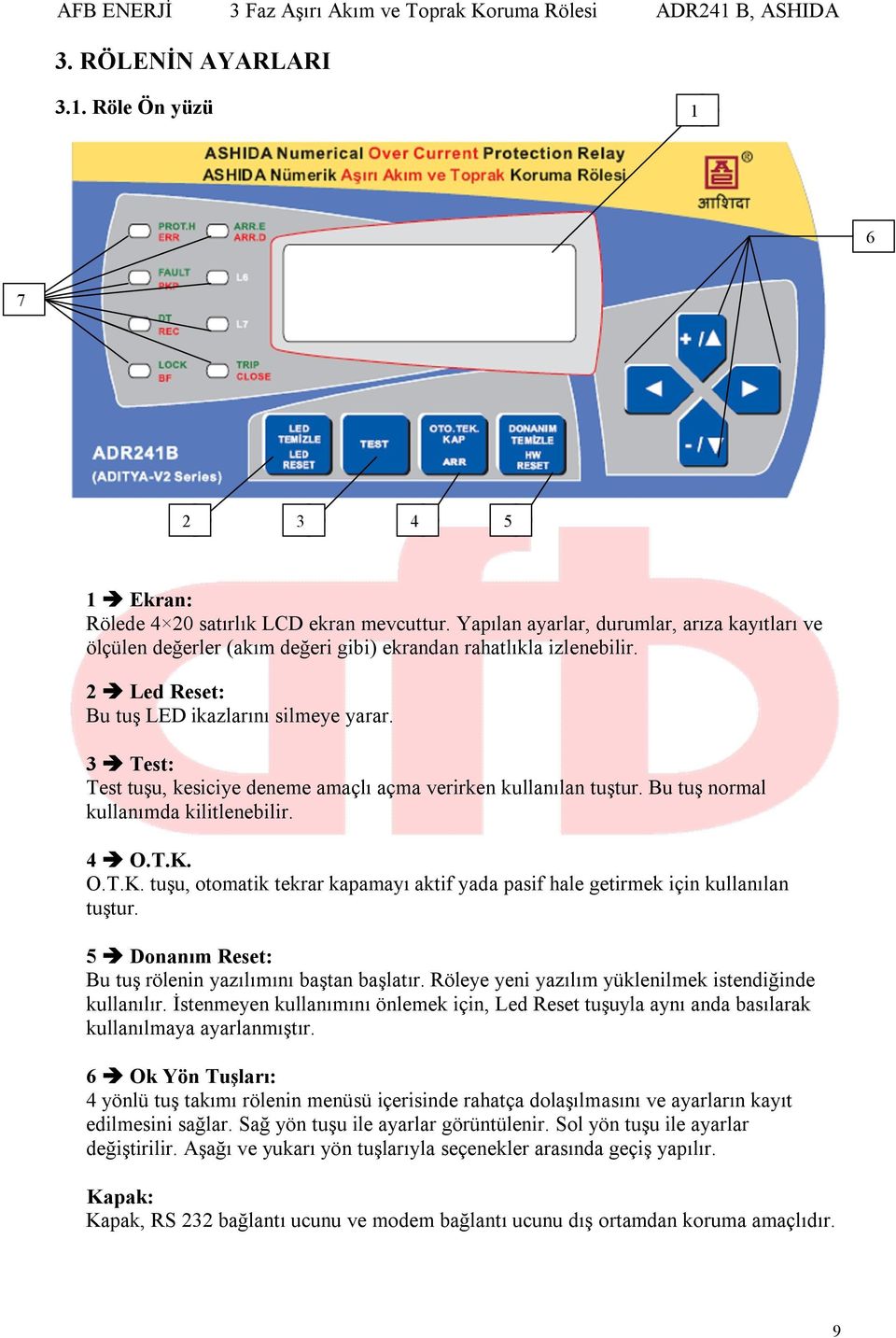 3 Test: Test tuşu, kesiciye deneme amaçlı açma verirken kullanılan tuştur. Bu tuş normal kullanımda kilitlenebilir. 4 O.T.K.