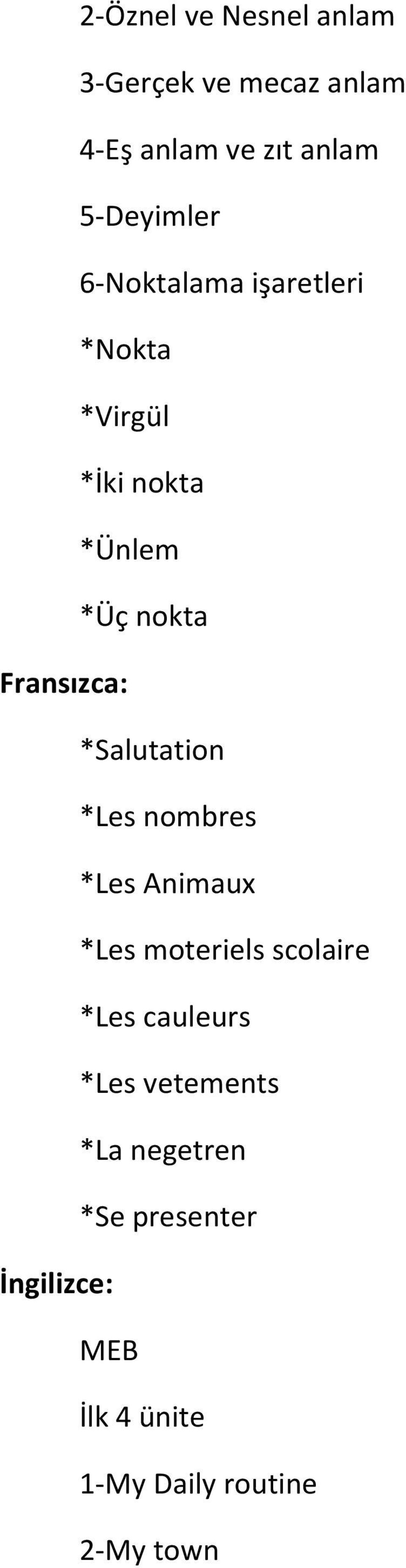 *Salutation *Les nombres *Les Animaux *Les moteriels scolaire *Les cauleurs *Les