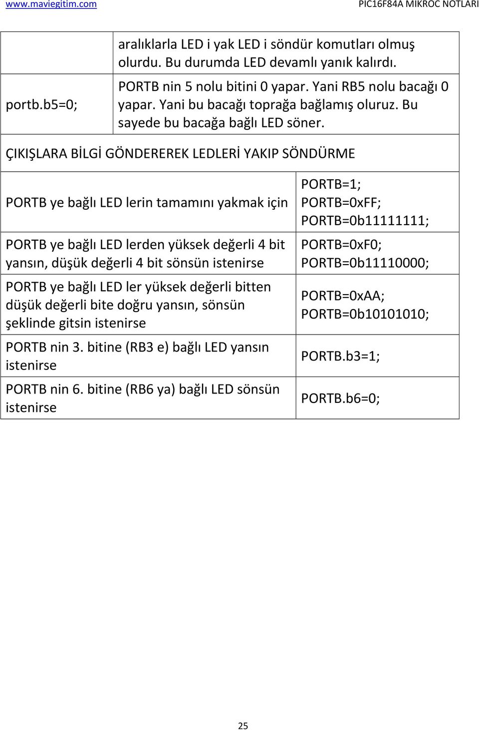 ÇIKIŞLARA BİLGİ GÖNDEREREK LEDLERİ YAKIP SÖNDÜRME PORTB ye bağlı LED lerin tamamını yakmak için PORTB ye bağlı LED lerden yüksek değerli 4 bit yansın, düşük değerli 4 bit sönsün istenirse PORTB