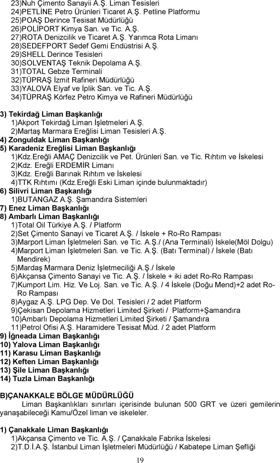 ve Tic. A.Ş. 34)TÜPRAŞ Körfez Petro Kimya ve Rafineri Müdürlüğü 3) Tekirdağ Liman Başkanlığı 1)Akport Tekirdağ Liman İşletmeleri A.Ş. 2)Martaş Marmara Ereğlisi Liman Tesisleri A.Ş. 4) Zonguldak Liman Başkanlığı 5) Karadeniz Ereğlisi Liman Başkanlığı 1)Kdz.