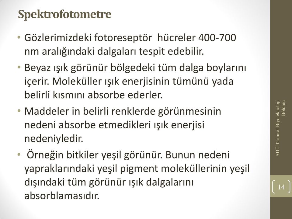 Moleküller ışık enerjisinin tümünü yada belirli kısmını absorbe ederler.