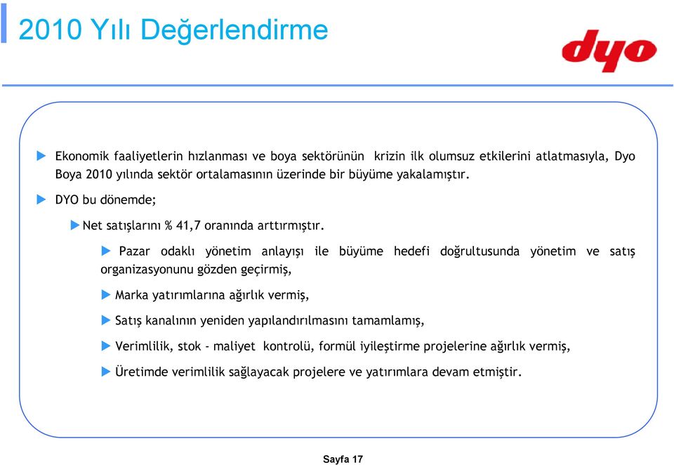 Pazar odaklı yönetim anlayışı ile büyüme hedefi doğrultusunda yönetim ve satış organizasyonunu gözden geçirmiş, Marka yatırımlarına ağırlık vermiş, Satış