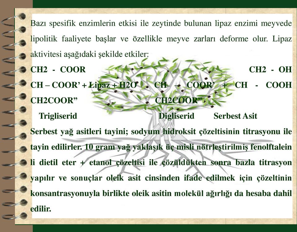 yağ asitleri tayini; sodyum hidroksit çözeltisinin titrasyonu ile tayin edilirler.