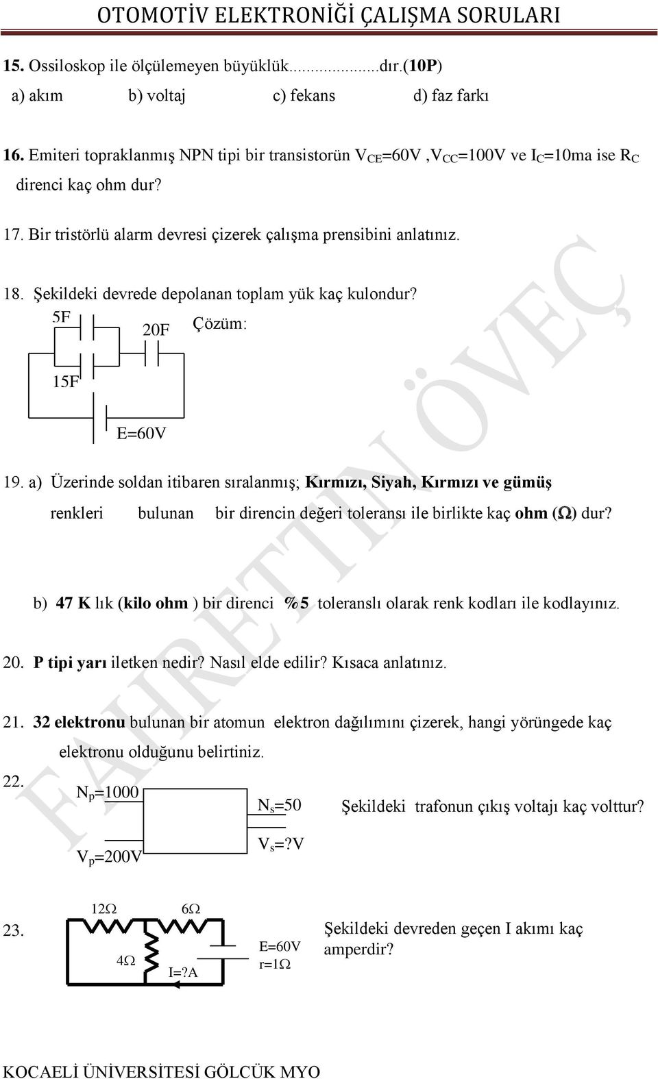 OTOMOTİV ELEKTRONİĞİ ÇALIŞMA SORULARI - PDF Ücretsiz indirin