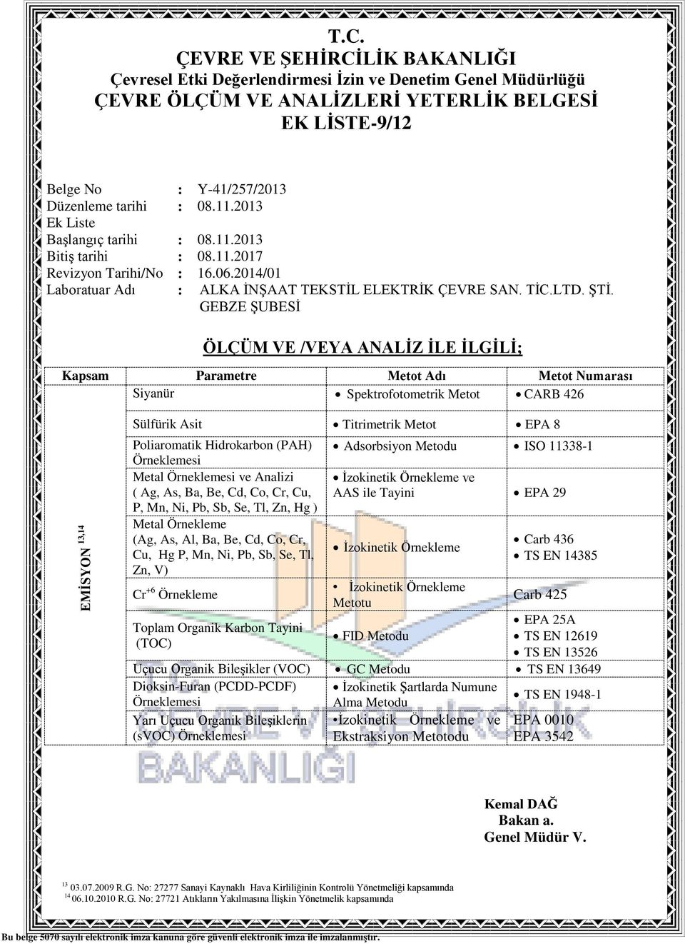 Örnekleme ve AAS ile Tayini EPA 29 İzokinetik Örnekleme İzokinetik Örnekleme Metotu Carb 436 TS EN 14385 Carb 425 EPA 25A Toplam Organik Karbon Tayini FID Metodu TS EN 12619 (TOC) TS EN 13526 Uçucu